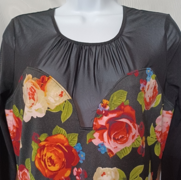 GUESS Women's Black Floral Dress With Mesh Sleeve and Upper Body. LG - Picture 8 of 16
